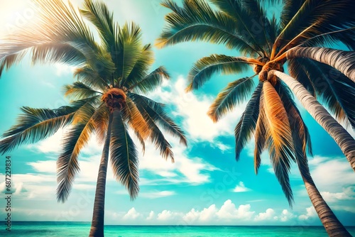 Palm tree on tropical beach with blue sky and white clouds abstract background. © usman