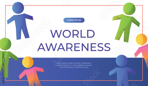 Promo banner world autism awareness day with jigsaw group of child people. International solidarity, asperger’s day. Health care, mental illness. Social media post for poster, advertising, cover