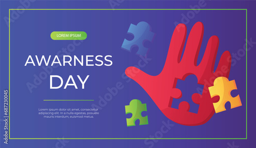 Promo banner world autism awareness day with hand colorful puzzle pieces. International solidarity, asperger’s day. Health care, mental illness. Social media post for poster, advertising, cover