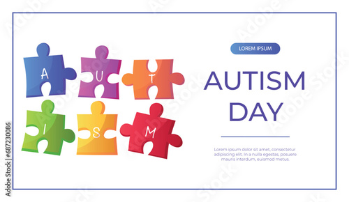 Promo banner world autism awareness day with jigsaw puzzle pieces with text. International solidarity, asperger’s day. Health care, mental illness. Social media post for poster, advertising, cover
