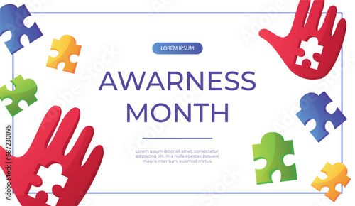 Promo banner world autism awareness day with hand colorful puzzle pieces. International solidarity, asperger’s day. Health care, mental illness. Social media post for poster, advertising, cover