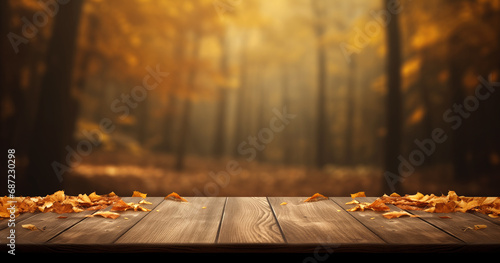 Wooden table in the fall forest with some leaves in the background © Melipo-Art