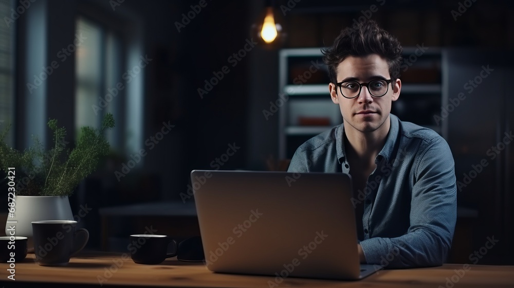 A young guy, a freelancer, sits at home at his laptop. A young guy, a freelancer, sits at home at his laptop.