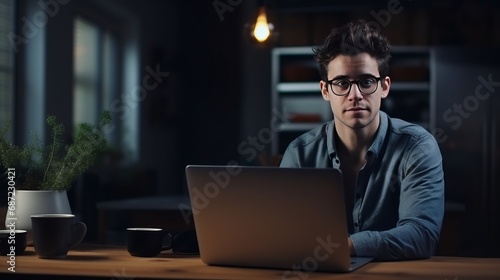 A young guy, a freelancer, sits at home at his laptop.