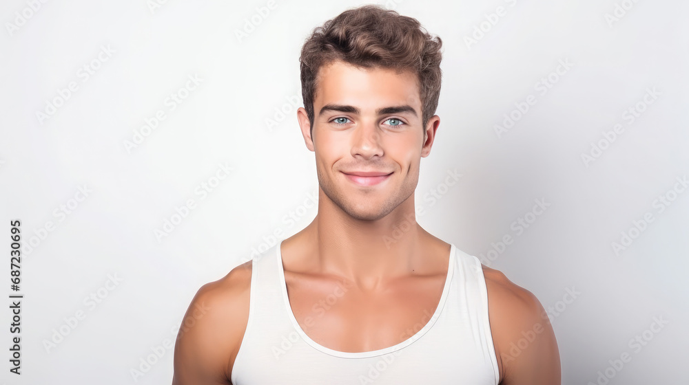handsome young man on a white background, portrait of a stylish guy, beauty shooting, studio, model, health, cosmetology, spa, skin care, hairstyle, boy, emotional face, smile, isolate, place for text handsome young man on a white background, portrait of a stylish guy, beauty shooting, studio, model, health, cosmetology, spa, skin care, hairstyle, boy, emotional face, smile, isolate, place for text