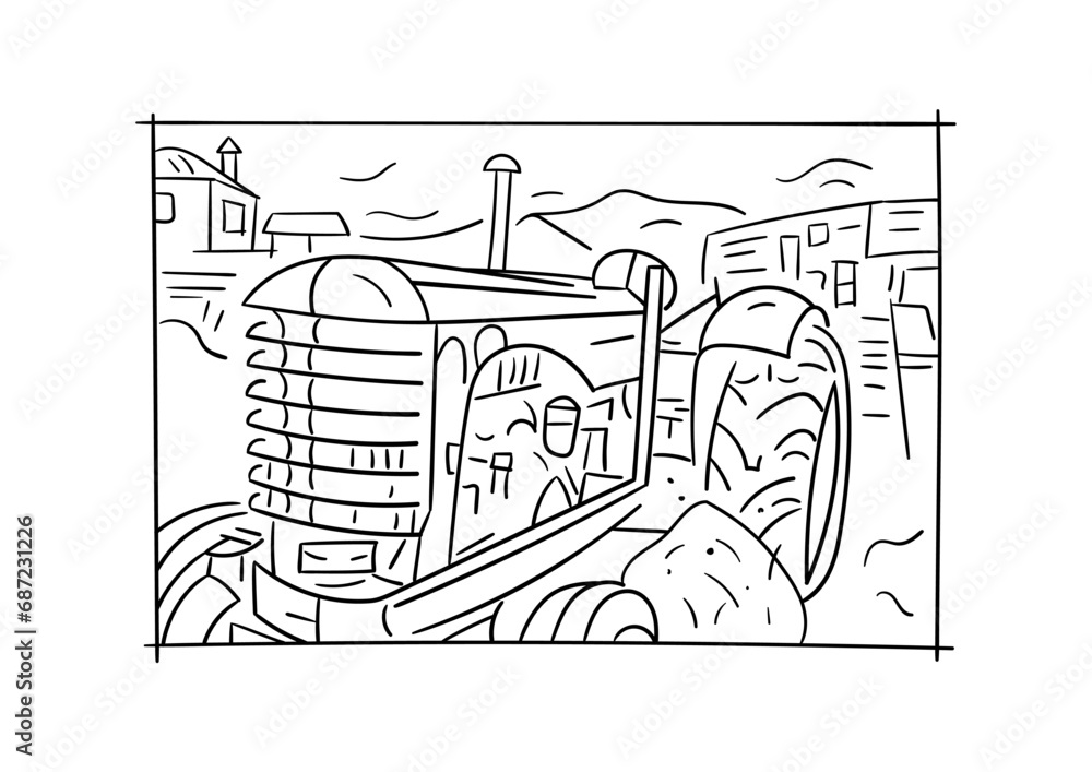 outline old tractor. hand drawn old tractor. scratch tractor
