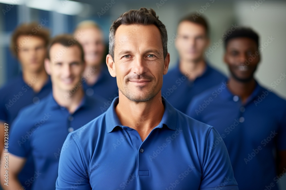 a group photo of a team of company workers wearing blue shirts and looking to camera a group photo of a team of company workers wearing blue shirts and looking to camera