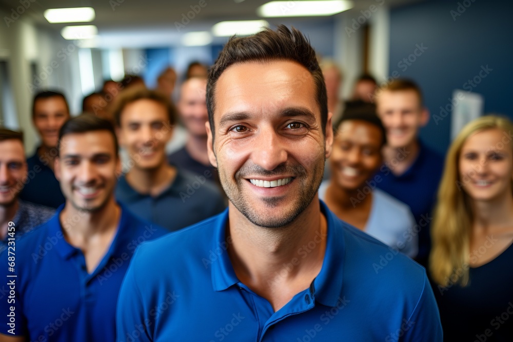 a group photo of a team of company workers wearing blue shirts and looking to camera a group photo of a team of company workers wearing blue shirts and looking to camera