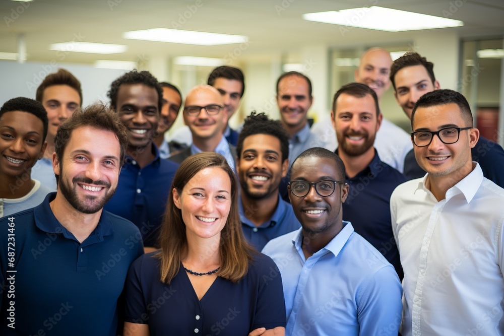 a group photo of a team of company workers wearing blue shirts and looking to camera a group photo of a team of company workers wearing blue shirts and looking to camera