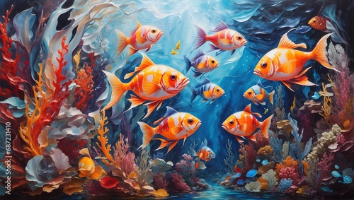 Oil painting in an abstract style of Beautiful Colorful fantasy underwater world with beautiful fishes.