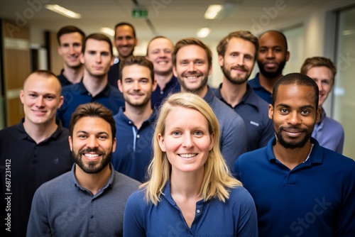 a group photo of a team of company workers wearing blue shirts and looking to camera