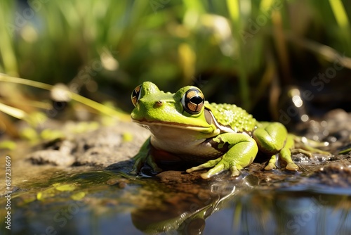 a small green frog on a water pond