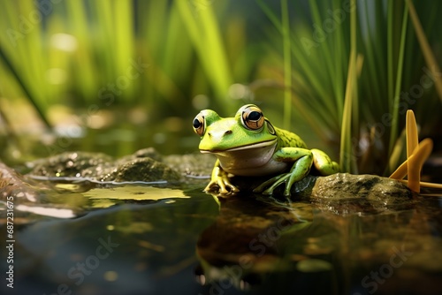 a small green frog on a water pond © urdialex