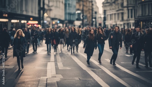 Walking people blur. Lots of people walking in the City of London. Wide panoramic view of people crowded © Adi
