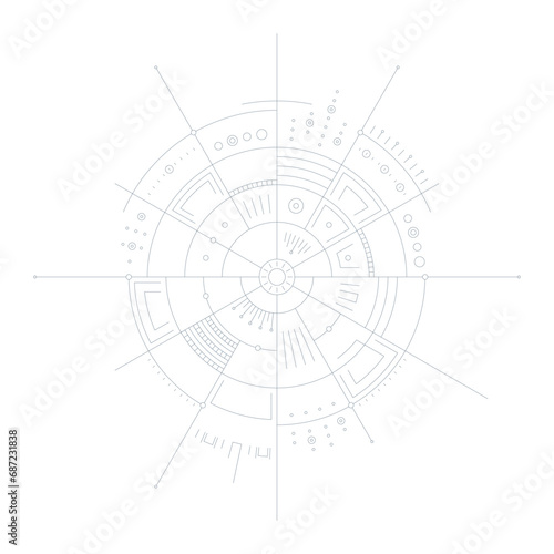 outline circular technical drawing background. technical drawing interface. technological, futuristic interface