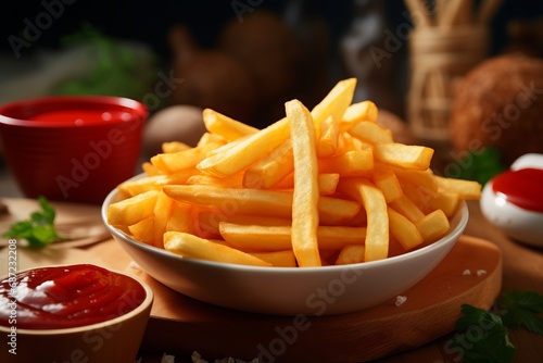 a dish of french fries with ketchup and bbq sauce