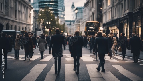 Walking people blur. Lots of people walking in the City of London. Wide panoramic view of people crowded