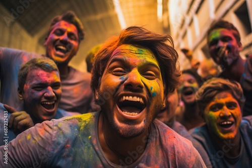 indian people celebrating holi festivan covered in colour powders on the streets of New Delhi