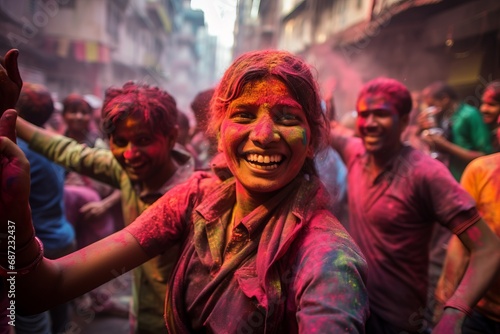 indian people celebrating holi festivan covered in colour powders on the streets of New Delhi