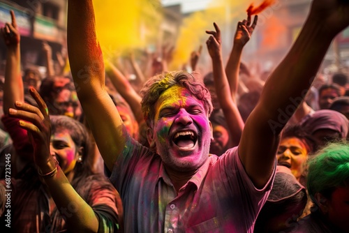 indian people celebrating holi festivan  covered in colour powders on the streets of New Delhi © urdialex