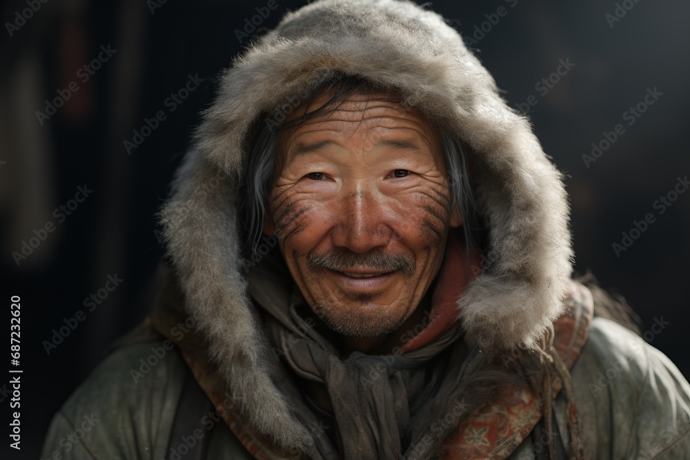 a close up portrait of an old inuit man looking to camer a close up portrait of an old inuit man looking to camer