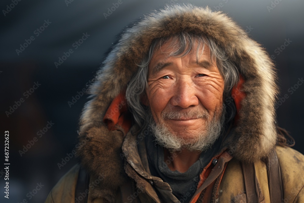 a close up portrait of an old inuit man looking to camer a close up portrait of an old inuit man looking to camer