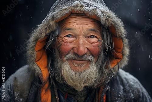 a close up portrait of an old inuit man looking to camera photo