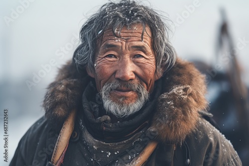 a close up portrait of an old inuit man looking to camer photo