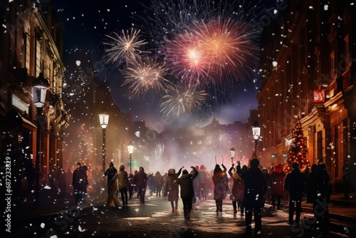 people celebrating new year's night on the streets