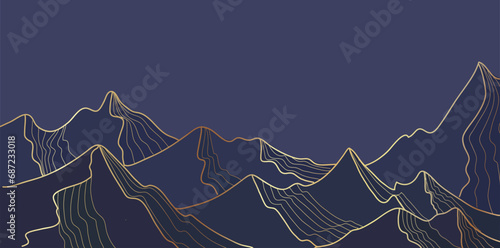 Blue mountain landscape wallpaper design with Golden line arts, Mountain range luxury background design for cover, invitation Vector illustration.
