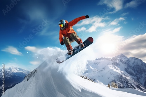a snowboarder sliding down a mountain and doing an acrobatic jump in the air photo