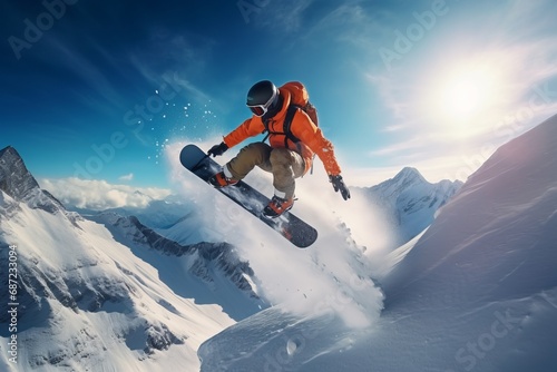 a snowboarder sliding down a mountain and doing an acrobatic jump in the air photo
