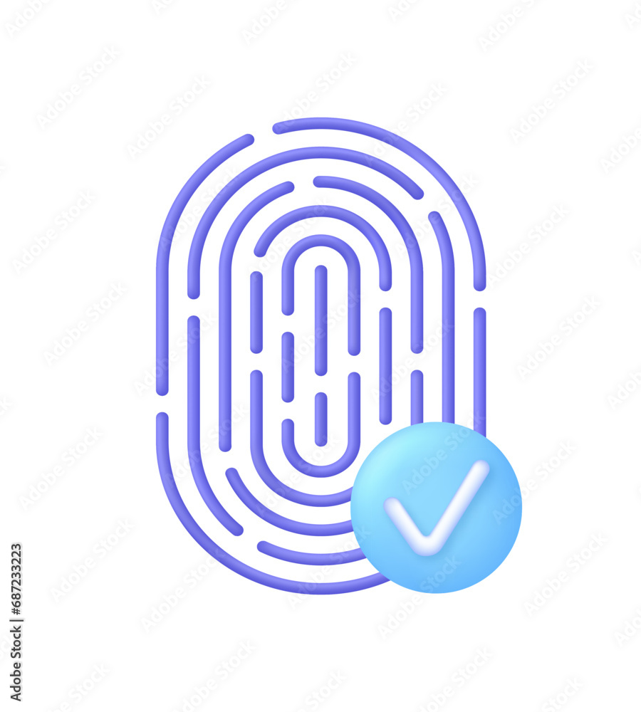 3D Fingerprint icon with check mark. Fingerprint scanning. The concept of biometric authorization and business security. 3D Fingerprint icon with check mark. Fingerprint scanning. The concept of biometric authorization and business security.
