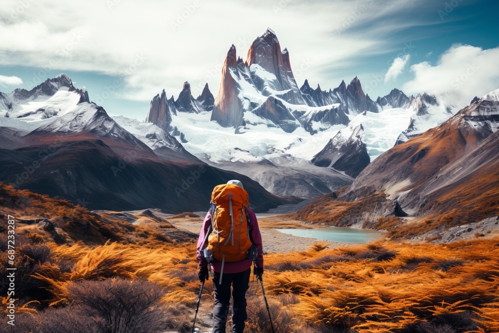 lonely trekker walking in the national parks of Patagonia