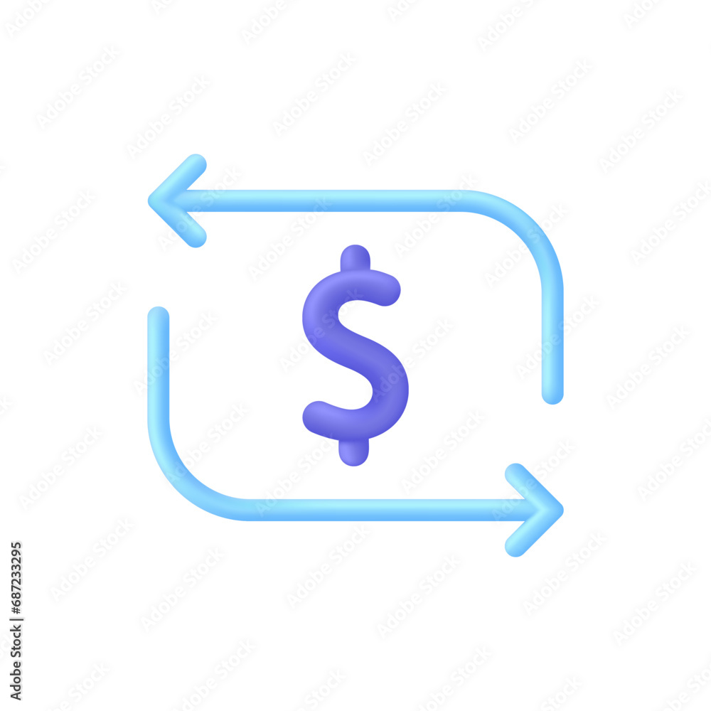 3D Money exchange icon. Concept of currency exchange or cash back. Money conversion. Dollar icon. 3D Money exchange icon. Concept of currency exchange or cash back. Money conversion. Dollar icon.