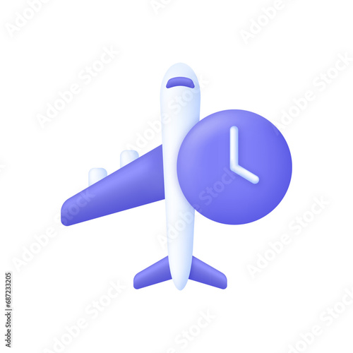3D Plane is delayed illustration. Timer and air plane icon. Concept of information icon for airline or terminal board.