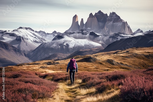 lonely trekker walking in the national parks of Patagonia