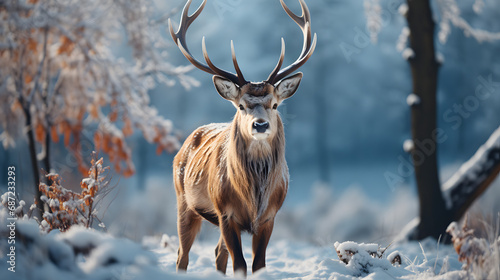 Winter Woodland Majesty: A Forest Deer Amidst a Winter Landscape