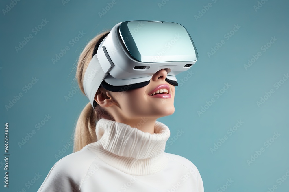 woman wearing vr glasses looking upin plain background woman wearing vr glasses looking upin plain background