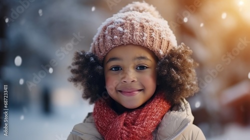 african american kids winter portrait,outdoor activity,snowfall time