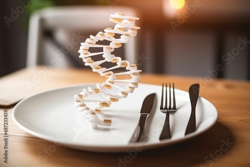 Genetically modified DNA and genes depicted on a plate, fork, and knife. Concept of genetically modified food, alterations made to the genetic material of organisms for enhanced traits or qualities.