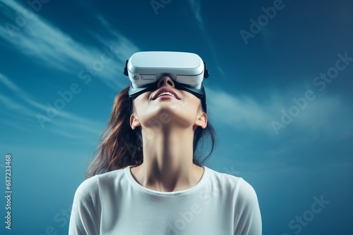 woman wearing  vr glasses looking upin plain background photo