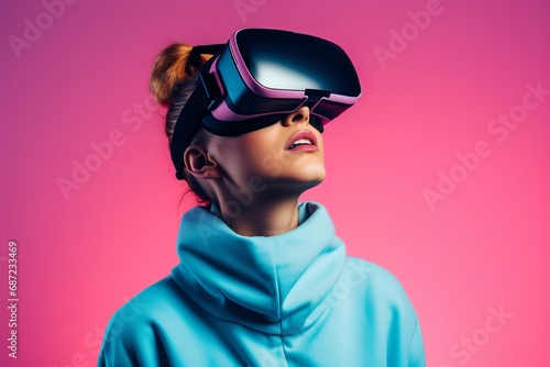 woman wearing vr glasses looking upin plain background