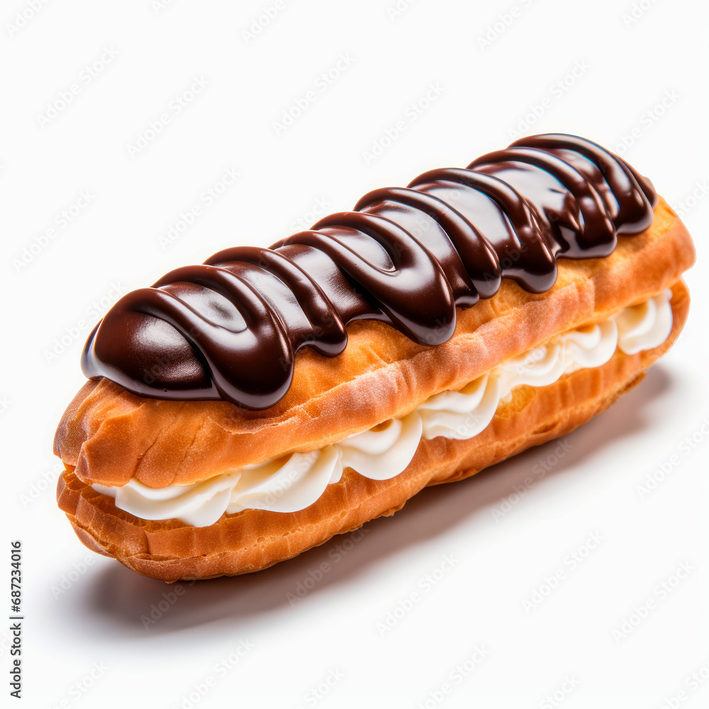 Traditional french dessert. Eclair with custard and chocolate icing on isolated white background. Sweet pastry products. Traditional french dessert. Eclair with custard and chocolate icing on isolated white background. Sweet pastry products.
