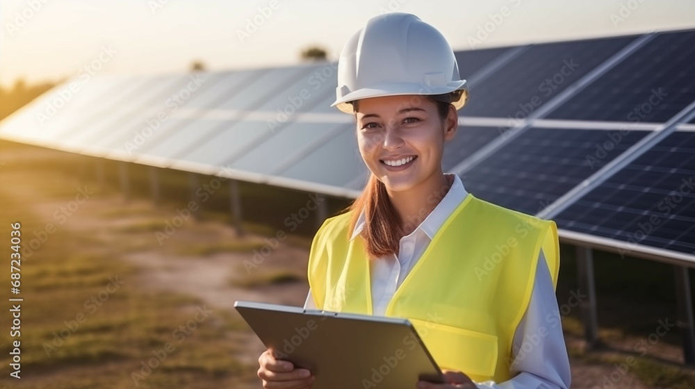 Engineer holding a digital tablet working in Solar Panels Power Farm. Green Energy Concept. Engineer holding a digital tablet working in Solar Panels Power Farm. Green Energy Concept.