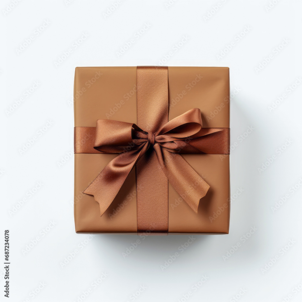 A gift box made of kraft paper with a bow. A festive element for a wedding, birthday or other holidays in close-up. Isolated on white background, design element. A gift box made of kraft paper with a bow. A festive element for a wedding, birthday or other holidays in close-up. Isolated on white background, design element.