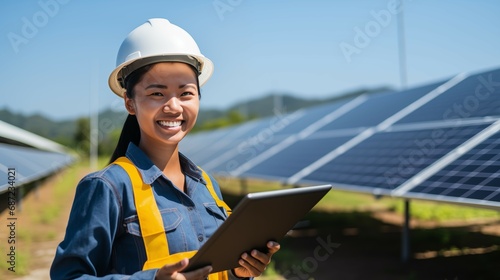 Engineer holding a digital tablet working in Solar Panels Power Farm. Green Energy Concept. © Tazzi Art
