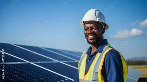 Engineer holding a digital tablet working in Solar Panels Power Farm. Green Energy Concept.