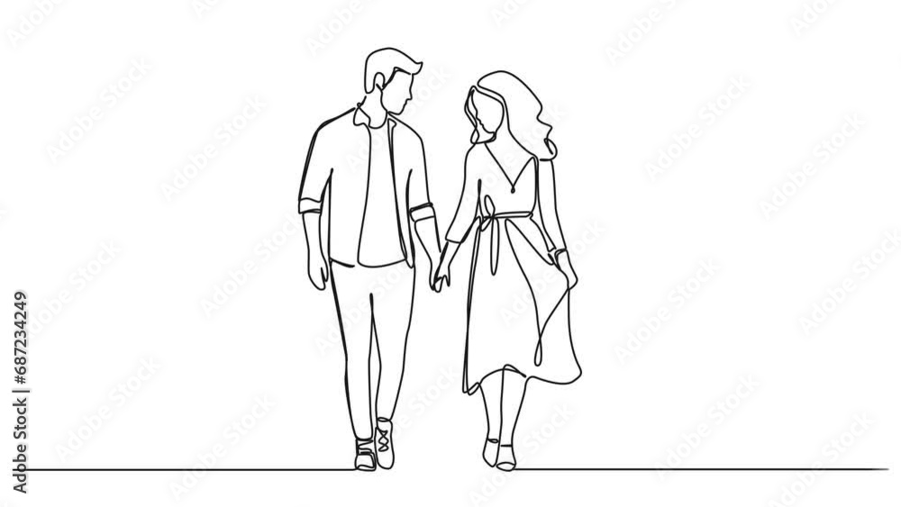 animated continuous single line drawing of couple walking hand in hand ...