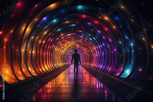 A lone figure navigates through a mesmerizing passage of vibrant hues, shrouded by the cloak of night
